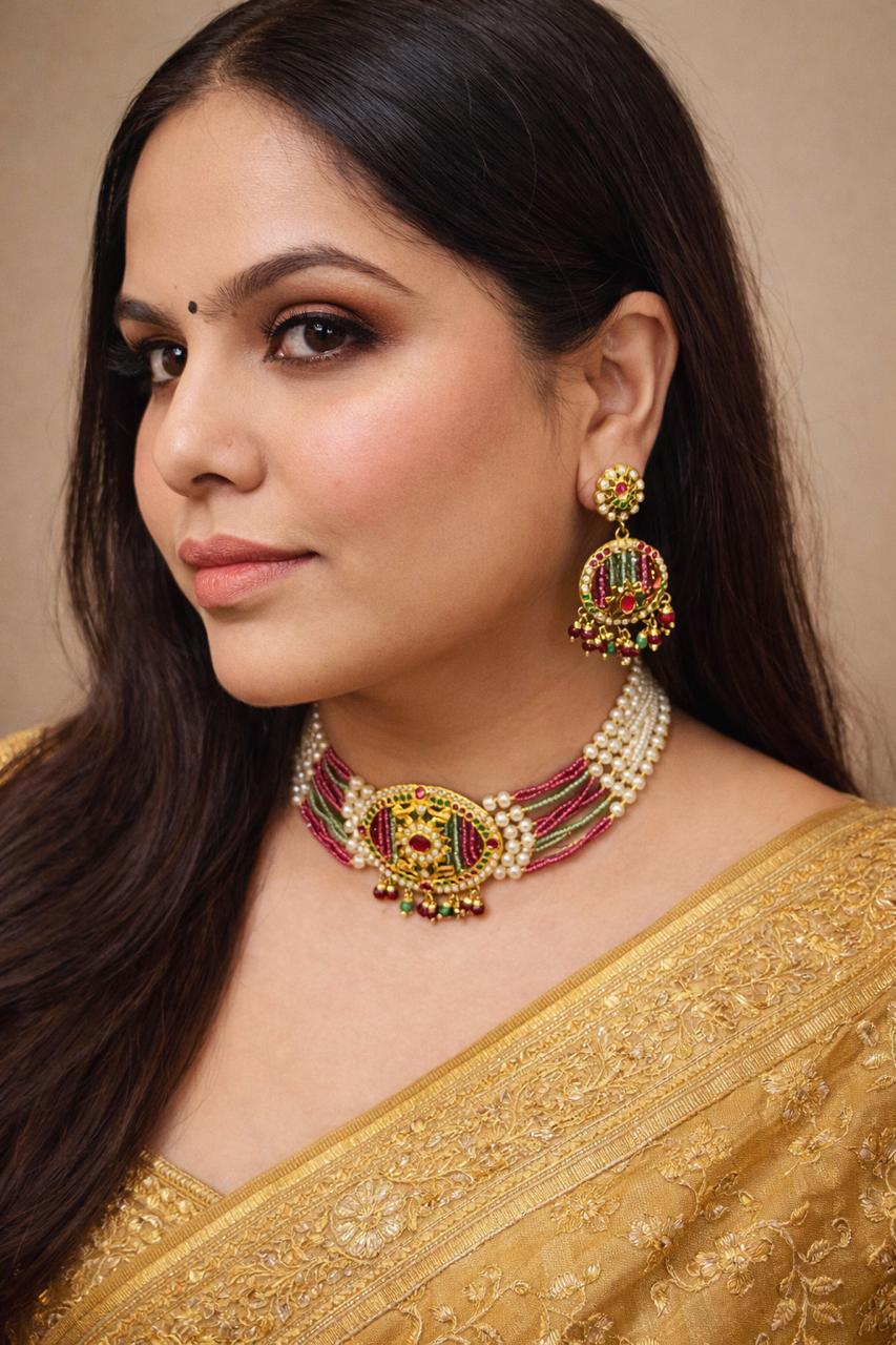 Gold-Plated Multicolor Jadau Choker Necklace Set with Pearls